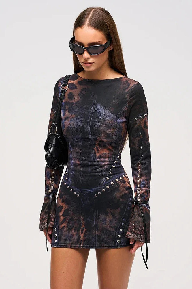 Women's Tie Dye Faux Leather Studded Corset Long Sleeve Mini Dress
