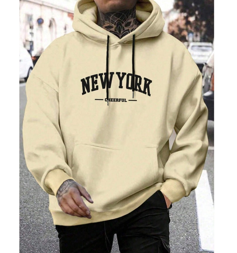 Mens Oversized Pullover Hoodie with Dropped Shoulders and Collegiate Chest Print