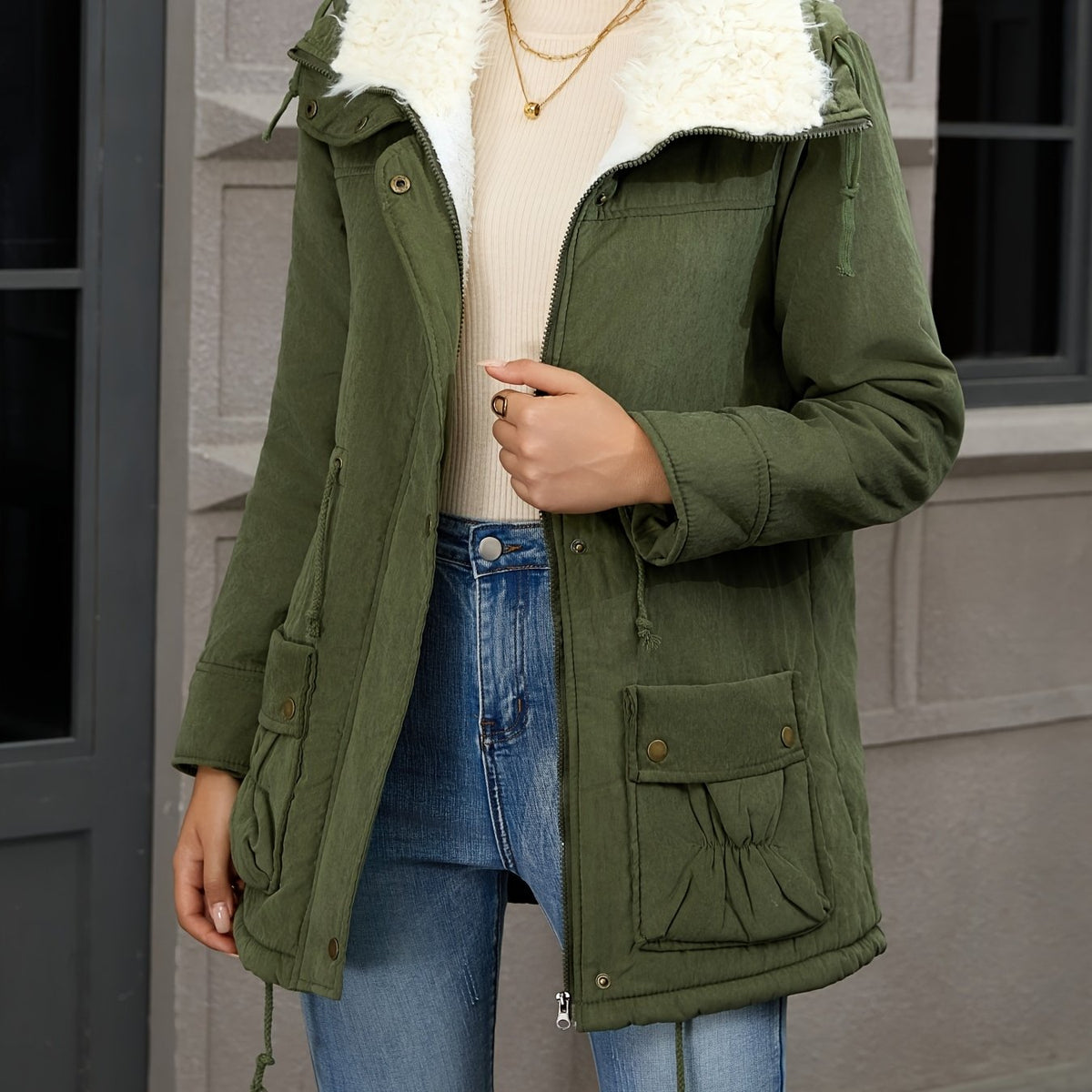 Women's Mid Length Parka with Snap Button Closure and Plush Lining, Adjustable Drawstring