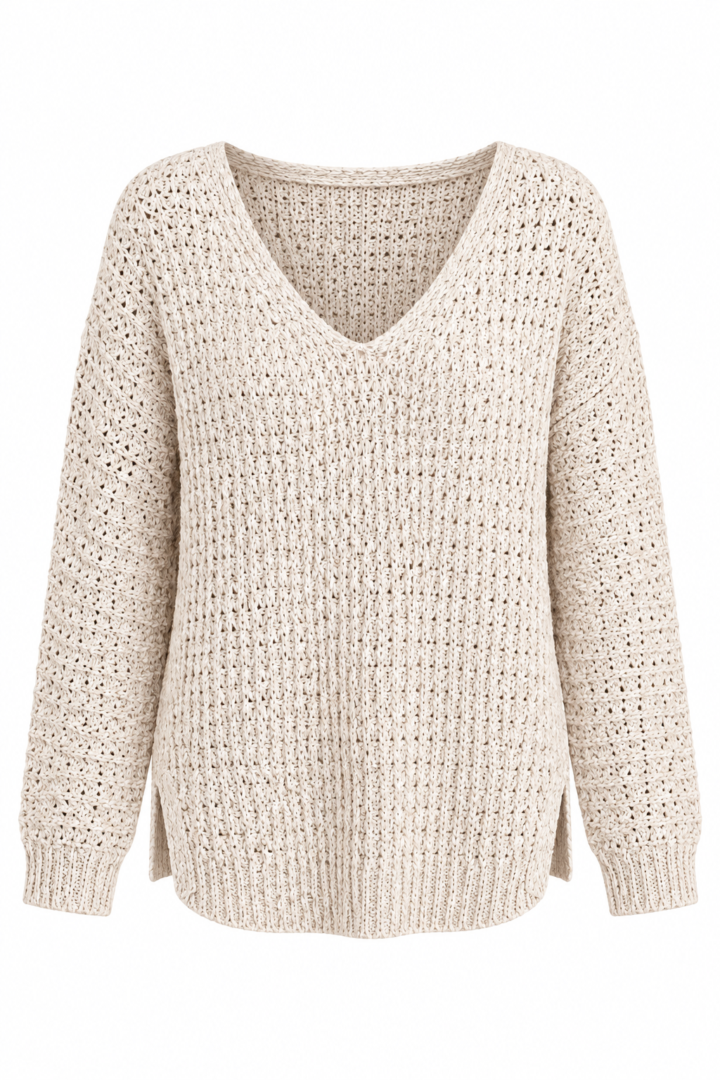 Ivory Knit Sweater with Cuffed Long Sleeves and Split Hem, Relaxed Fit