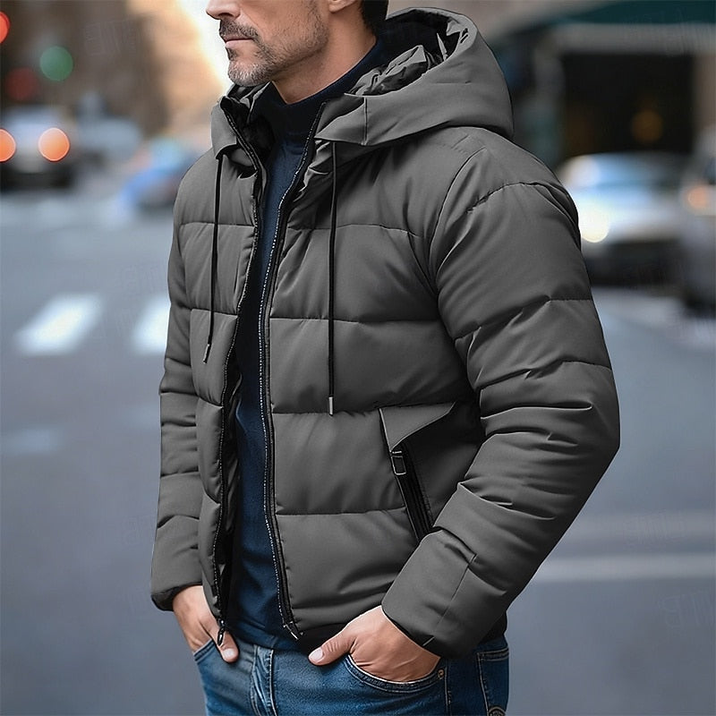 Quilted Puffer Jacket with Drawstring Hood and Deep Front Pockets, Full Zipper