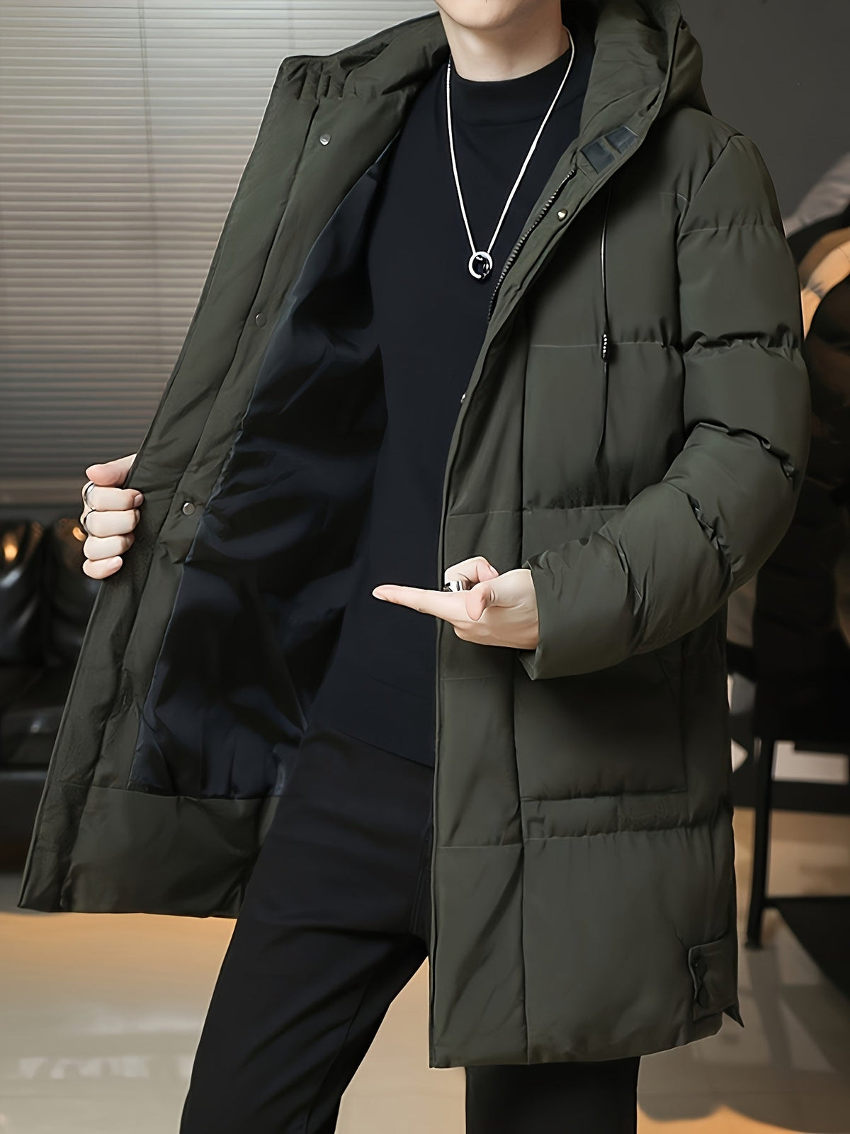 Padded Longline Coat with Adjustable Hood and Full Zipper