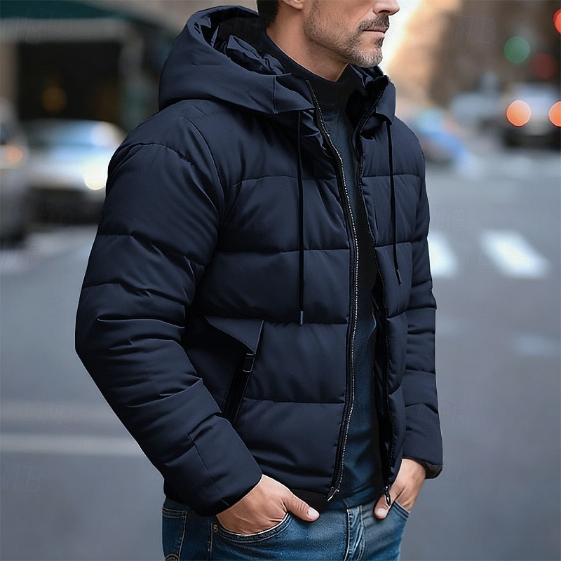 Quilted Puffer Jacket with Drawstring Hood and Deep Front Pockets, Full Zipper