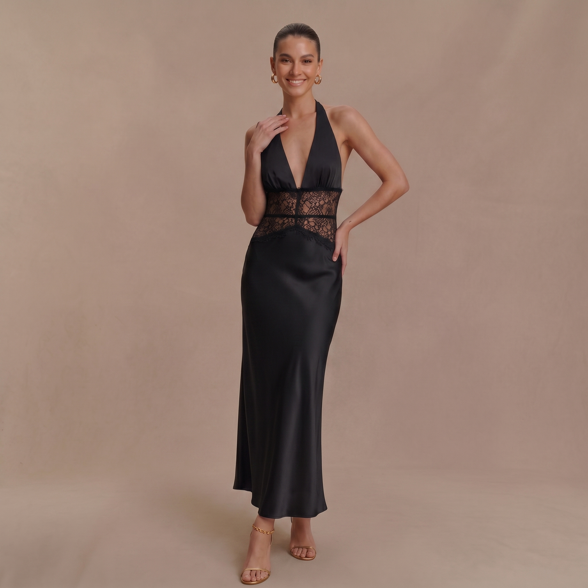 Women's Halter Neck Backless Lace Waist Maxi Dress