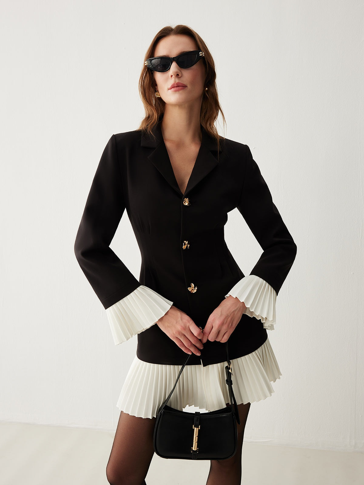 Button Front Mini Dress with Notched Lapel and Pleated Contrast Details