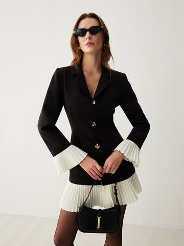 Button Front Mini Dress with Notched Lapel and Pleated Contrast Details