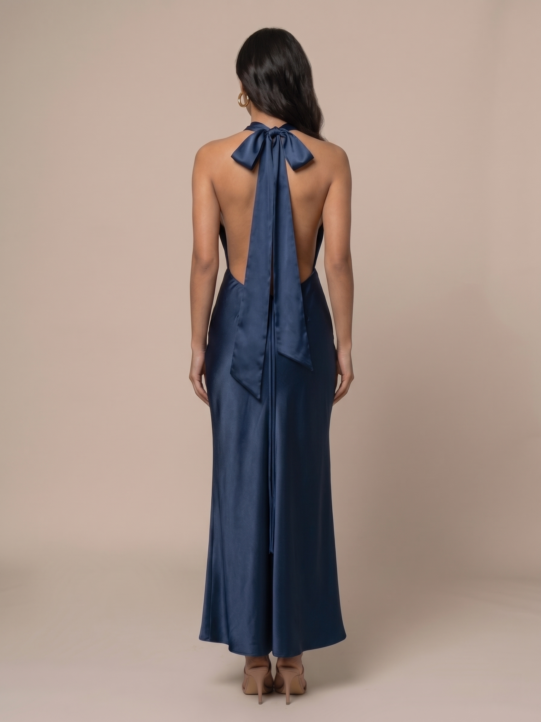 Women's Satin Maxi Dress - Deep Plunge Cowl Neck - Halter - Mermaid Silhouette