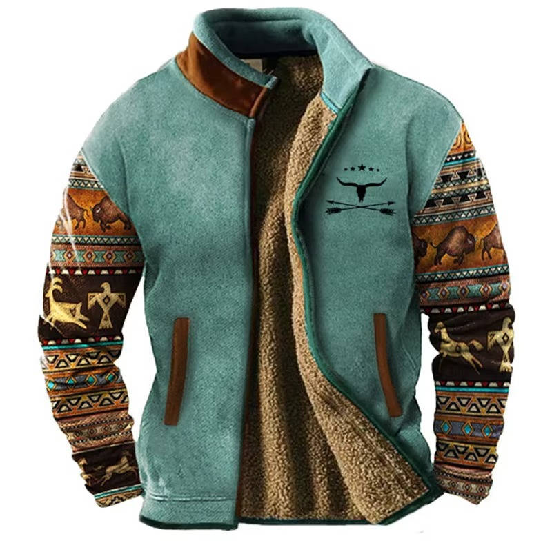 Fleece Jacket with Aztec Geometric Pattern and Stand Collar for Men