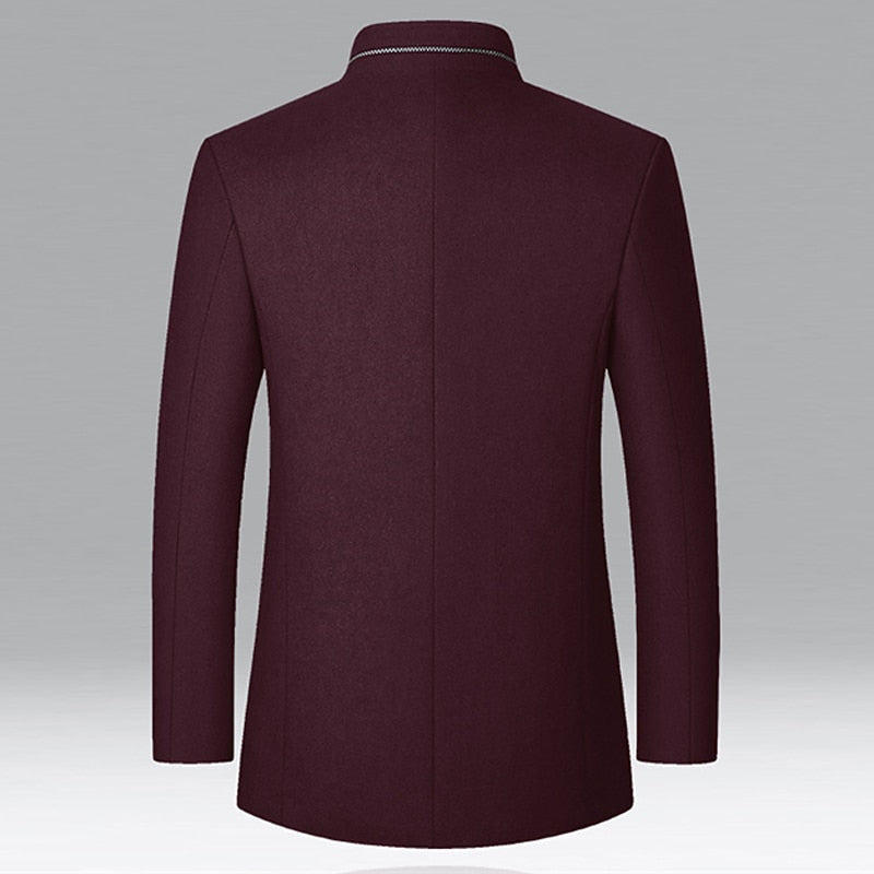 Men's Overcoat with Insulated Lining and Stand Collar, Mid-Thigh Length