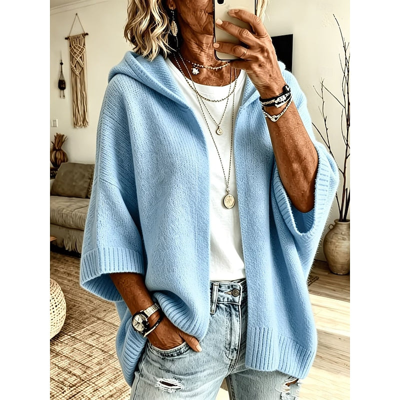 Open Front Hooded Cardigan with Three Quarter Sleeves and Textured Knit