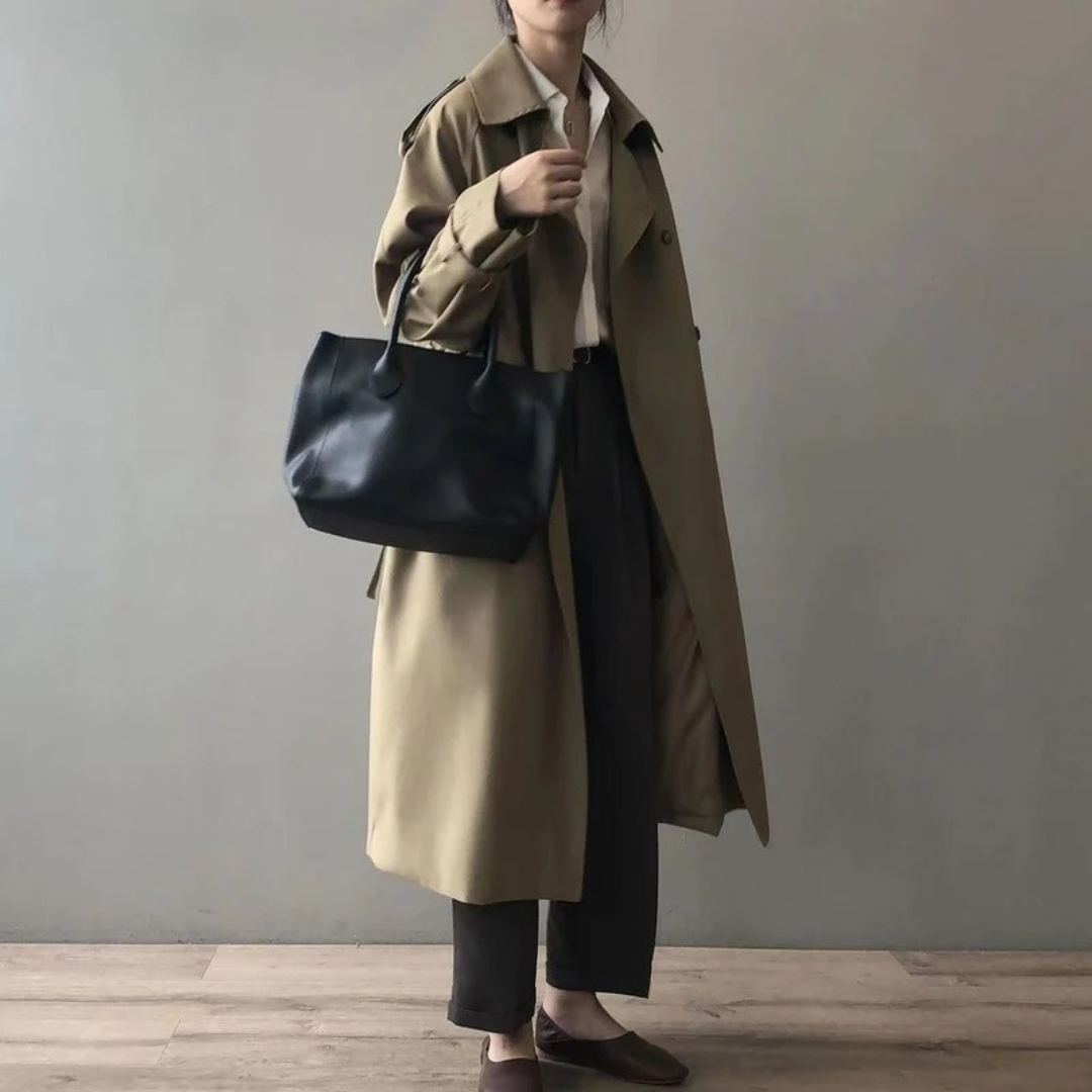 Women's Long Trench Coat with Moisture Resistant Fabric and Tailored Fit