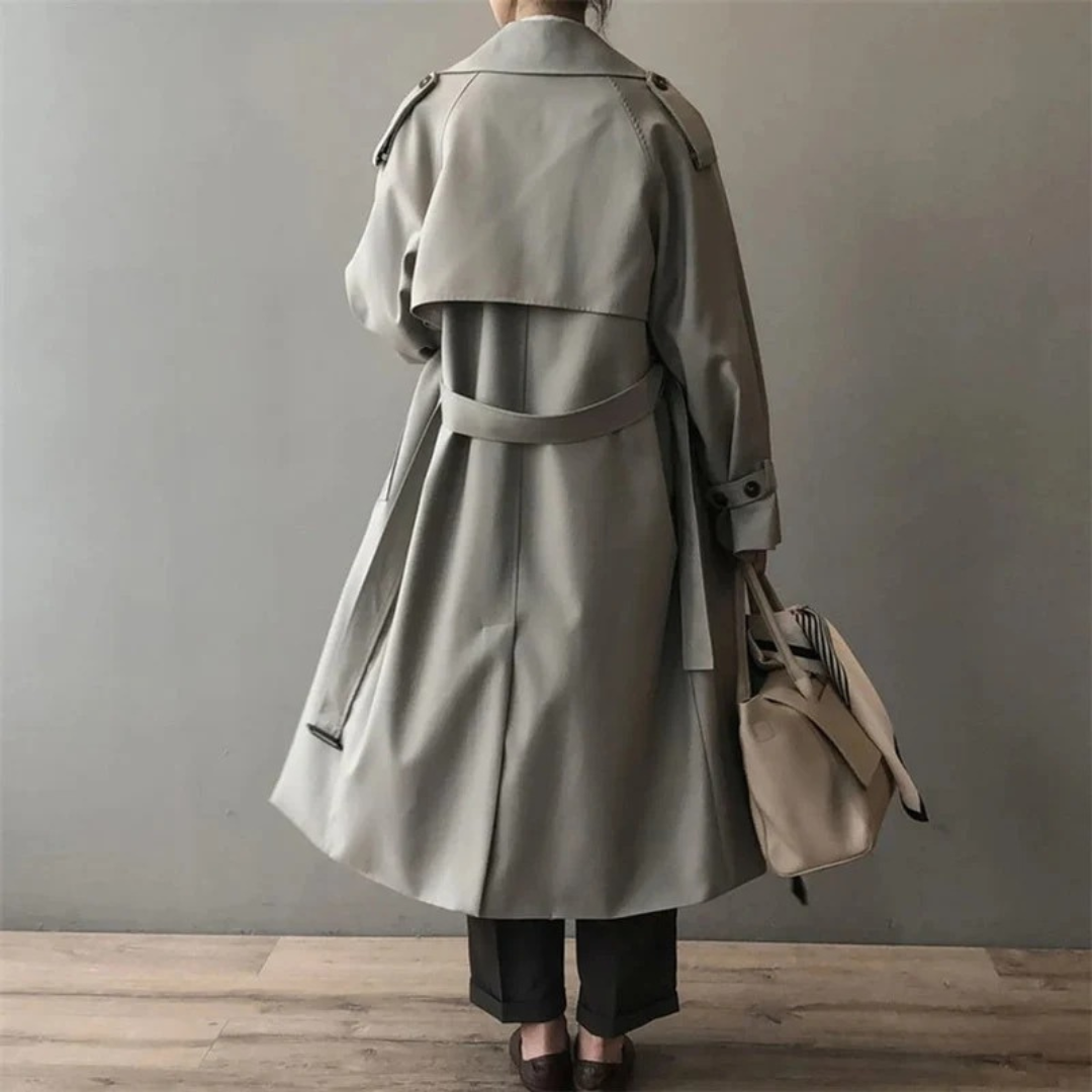 Women's Long Trench Coat with Moisture Resistant Fabric and Tailored Fit