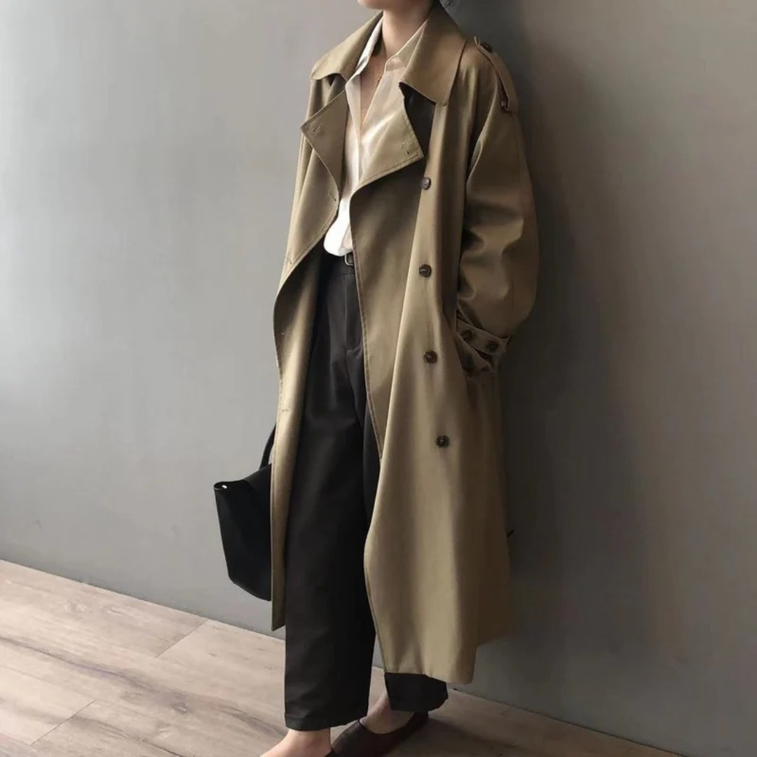 Women's Long Trench Coat with Moisture Resistant Fabric and Tailored Fit