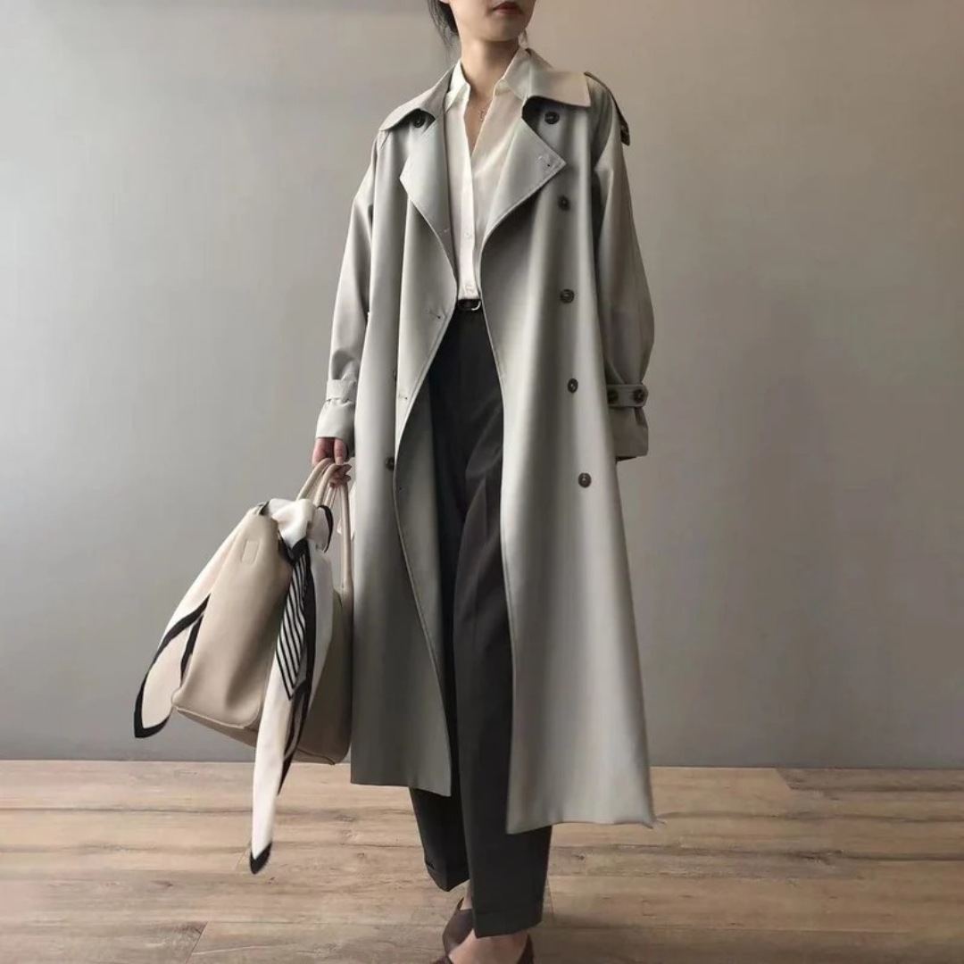 Women's Long Trench Coat with Moisture Resistant Fabric and Tailored Fit