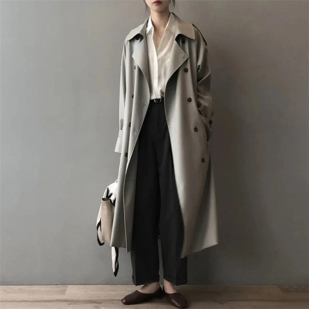 Women's Long Trench Coat with Moisture Resistant Fabric and Tailored Fit