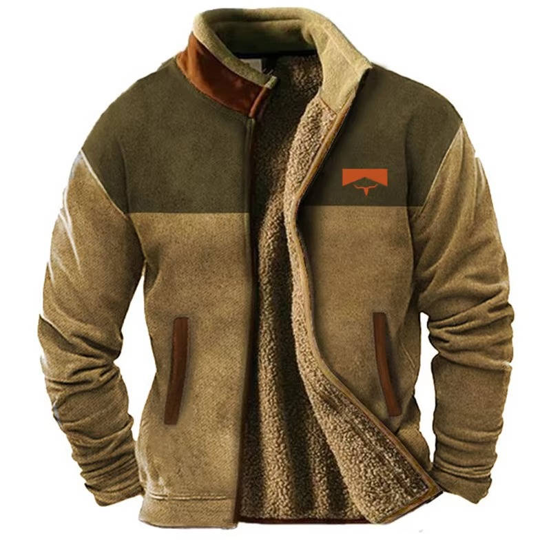 Fleece Jacket with Aztec Geometric Pattern and Stand Collar for Men