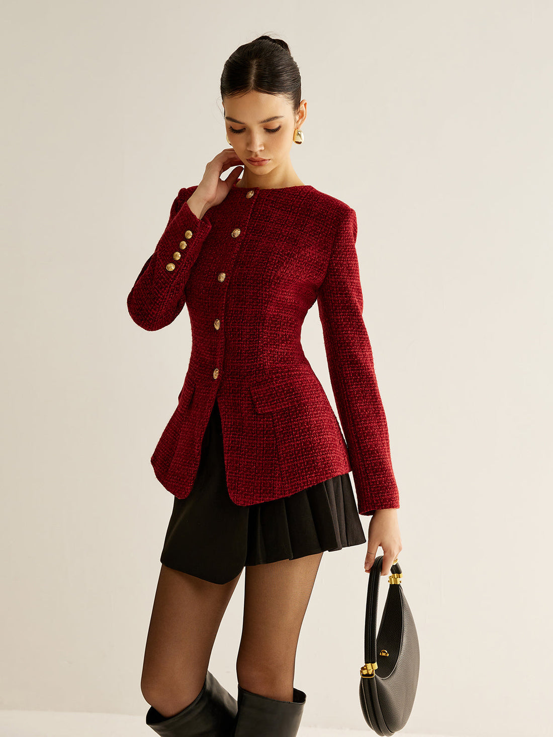 Women's Tweed Jacket with Metal Button Front and Split Back, Hip Length