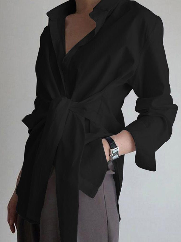 Women's Shift Shirt with Front Knot and Collared Neckline, Long Sleeves