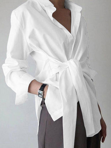 Women's Shift Shirt with Front Knot and Collared Neckline, Long Sleeves