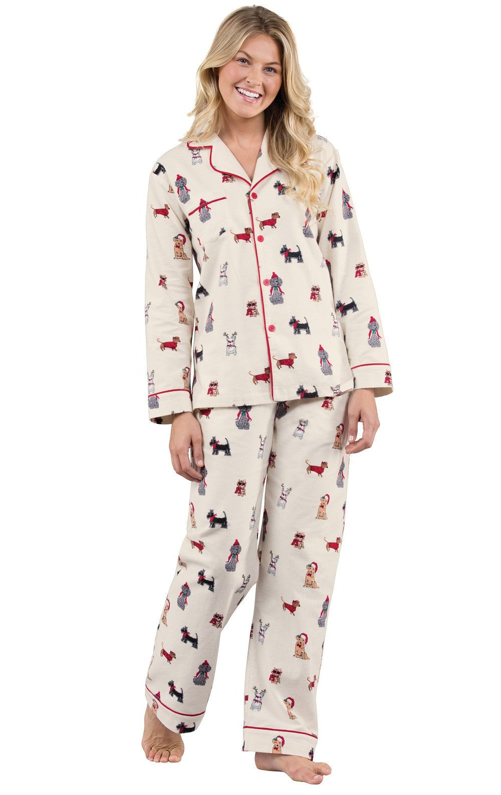 Flannel Pajama Set with Festive Dog Print and Drawstring Waist