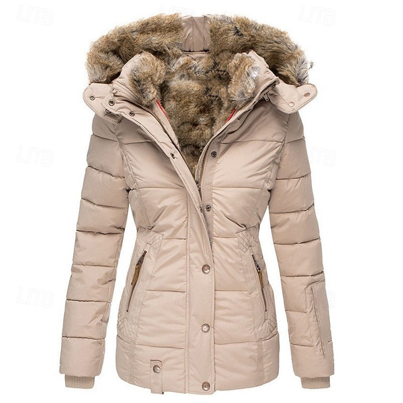 Hooded Winter Jacket with Padded Insulation and Detachable Fur-Trimmed Hood, Zip-Button Closure