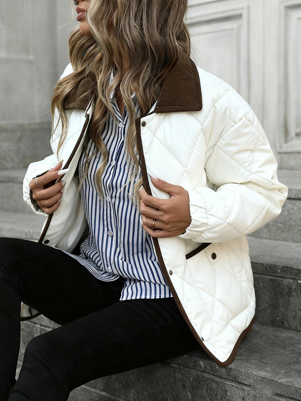 Quilted Jacket with Diamond Stitching and Button Front, Contrast Trim