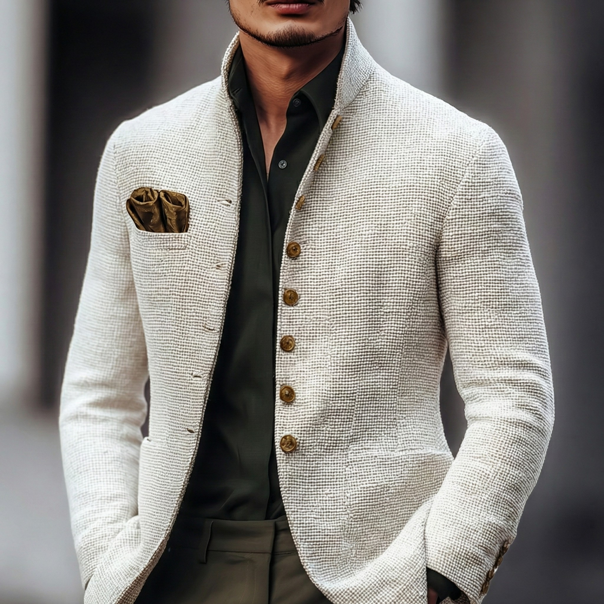 Stand Collar Cardigan with Textured Weave and Button Front Closure