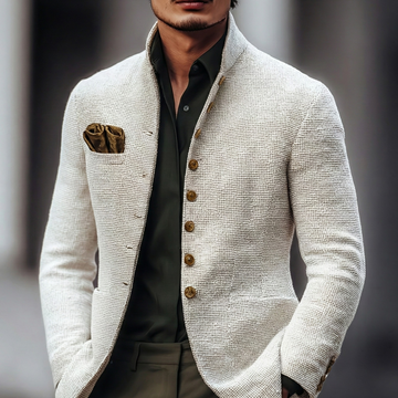 Stand Collar Cardigan with Textured Weave and Button Front Closure