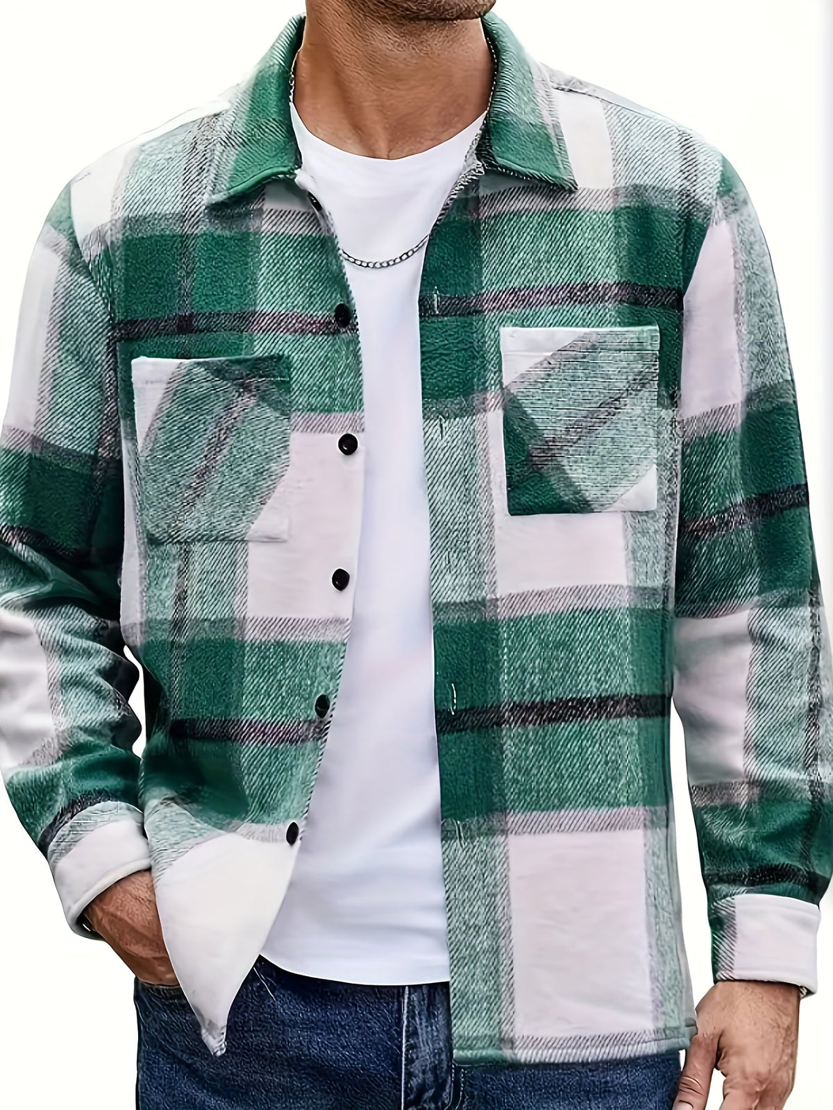 Check Grid Button Front Overshirt with Chest Pockets and Adjustable Cuffs