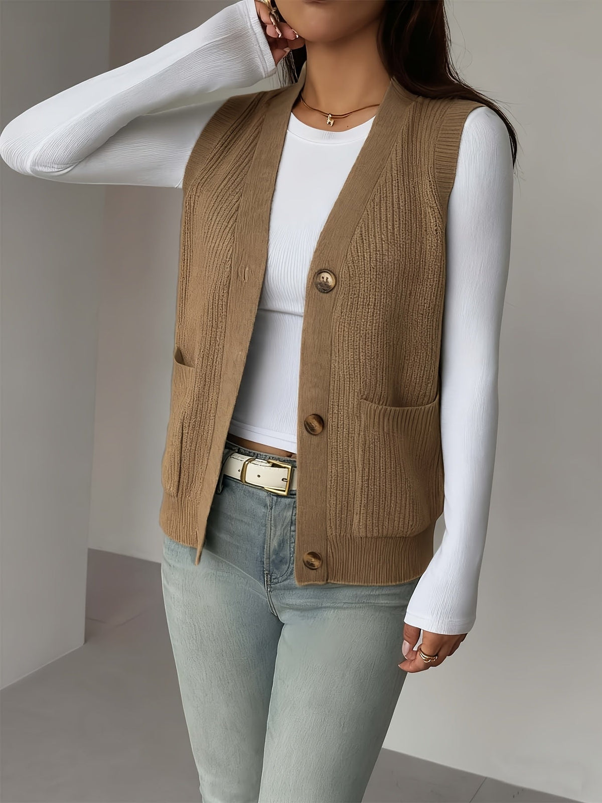 Sleeveless Knit Vest with Button Front and Front Pockets, Relaxed Fit