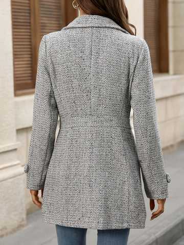 Herringbone Coat with Button Waist Detail and Classic Collar, Below Hip Length