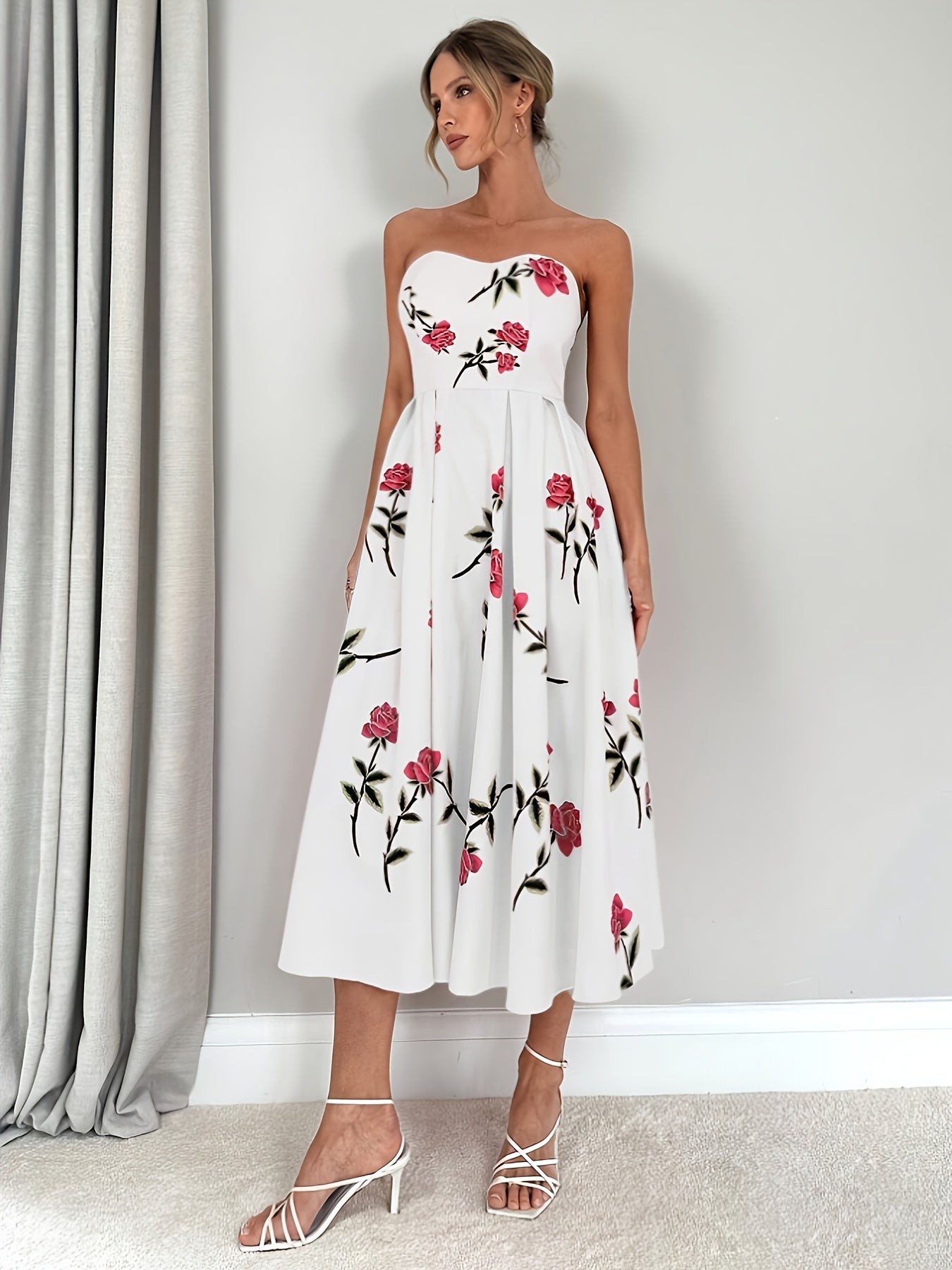 Women's Strapless Floral Print Midi Dress - Sweetheart Neck - Pleated A-Line Skirt