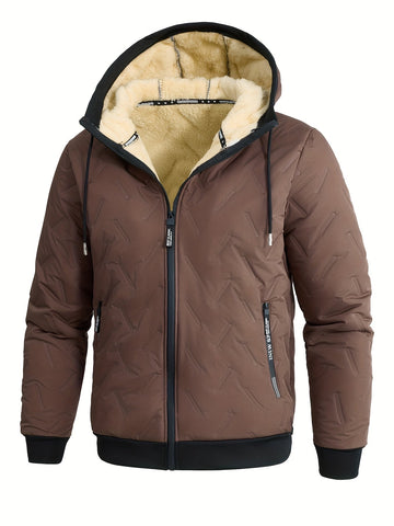 Hooded Zip Jacket with Plush Lining and Ribbed Cuffs for Cold Weather