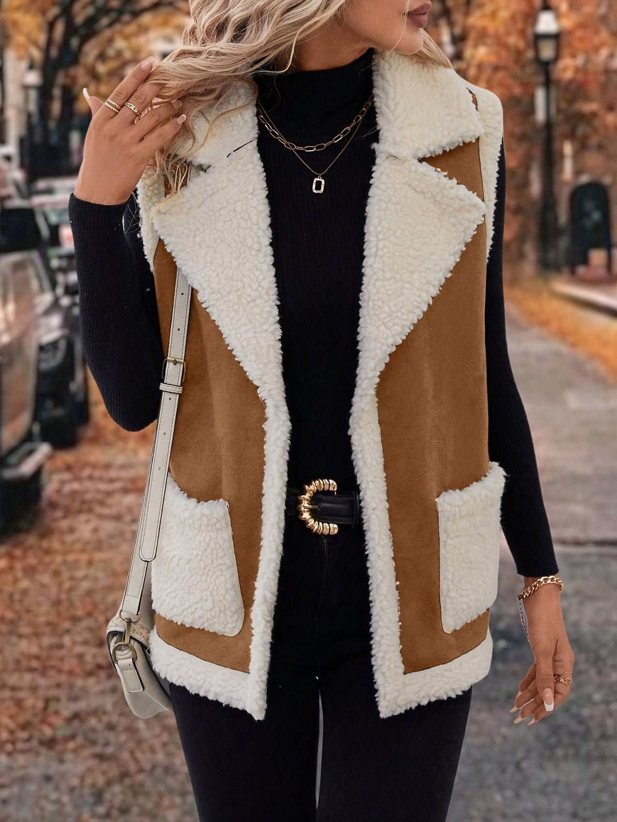 Open Front Vest with Plush Lining and Lapel Collar, Dual Pockets