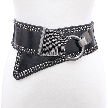 Women's Wide Studded Belt with Ring Buckle - Elastic Waist Belt