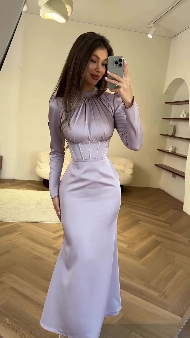 Women's Long Sleeve Corset Detail Maxi Dress - Gathered Crew Neck