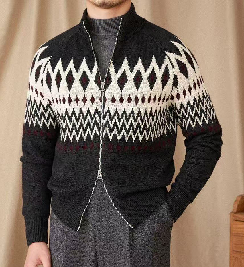 Thick Knit Cardigan with Full Zip and High Collar, Fair Isle Pattern