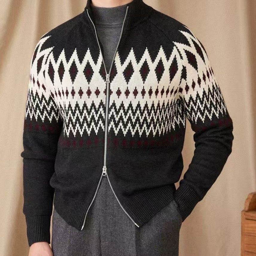 Fair Isle Zip Cardigan with High Collar and Thick Knit, Geometric Pattern
