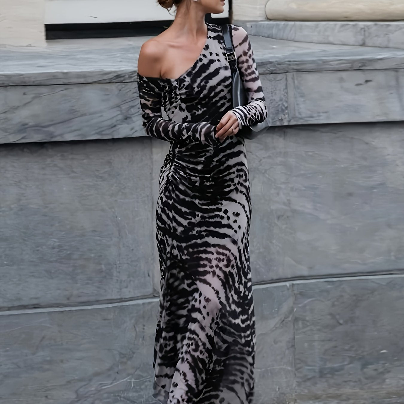 Women's Zebra Print Long Sleeve Maxi Dress with Ruched Detail