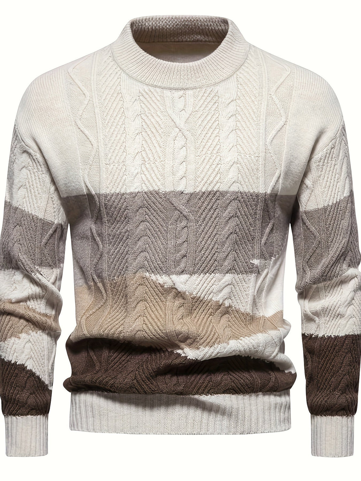 Cable Knit Pullover with Color Block Design and Round Neckline