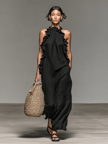 Women's Linen Blend Halter Neck Maxi Dress