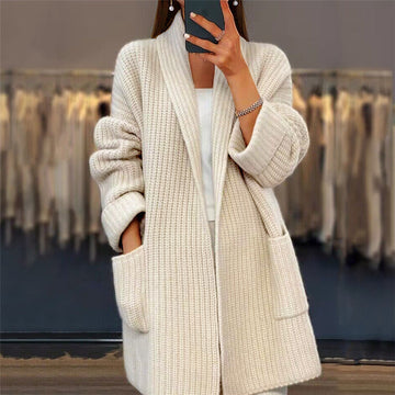 Women's Open Front Cardigan with Shawl Collar and Patch Pockets, Longline