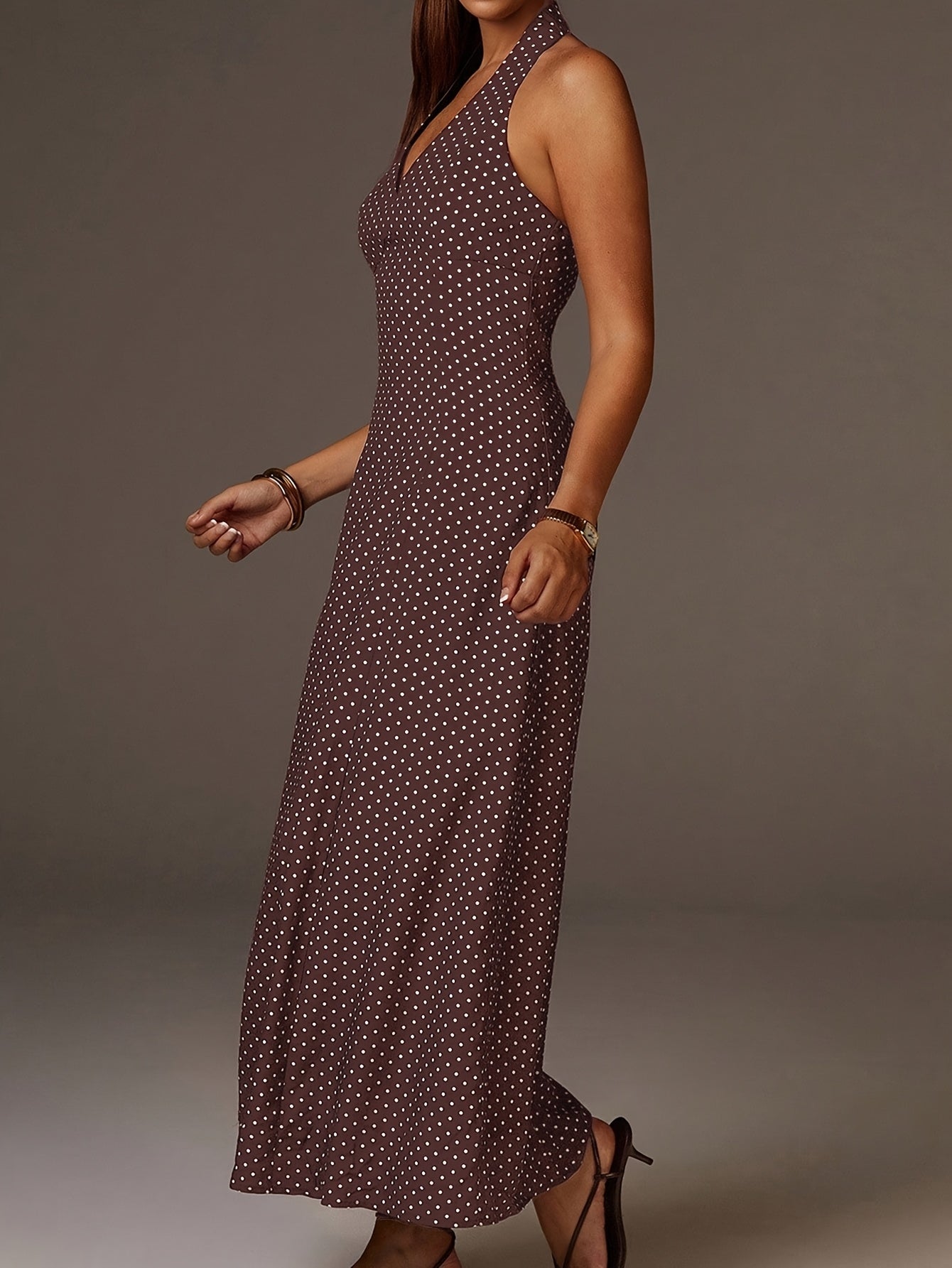 Women's Coffee Polka Dot Halter Neck Maxi Dress with Plunge Front and Smocked Back