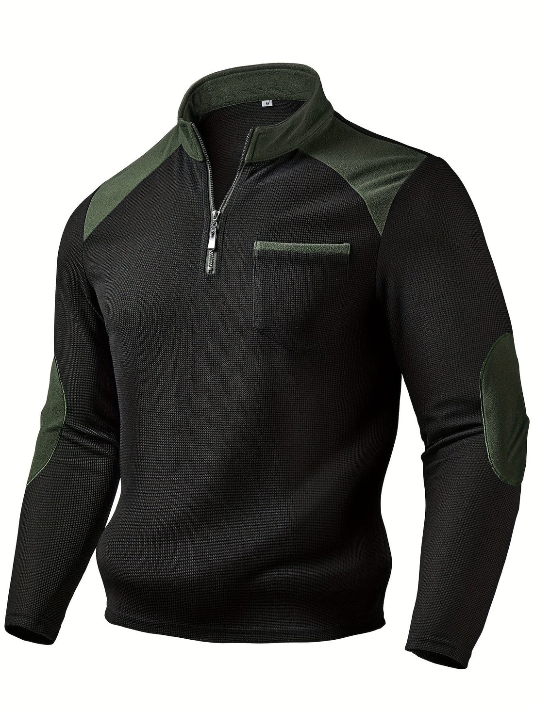 Quarter Zip Pullover with Textured Knit and Color Block Panels, Stand Collar