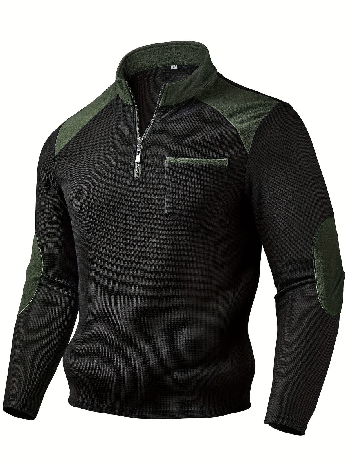 Quarter Zip Pullover with Textured Knit and Colour Block Panels, Stand Collar