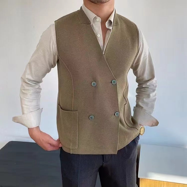 Sleeveless Knitted Vest with Double Breasted Closure and Front Pockets