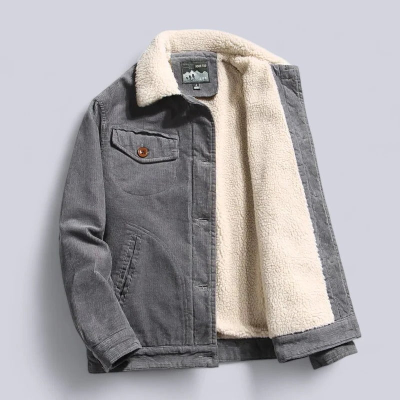 Corduroy Jacket with Full Fleece Lining and Ribbed Seals, Three Pockets