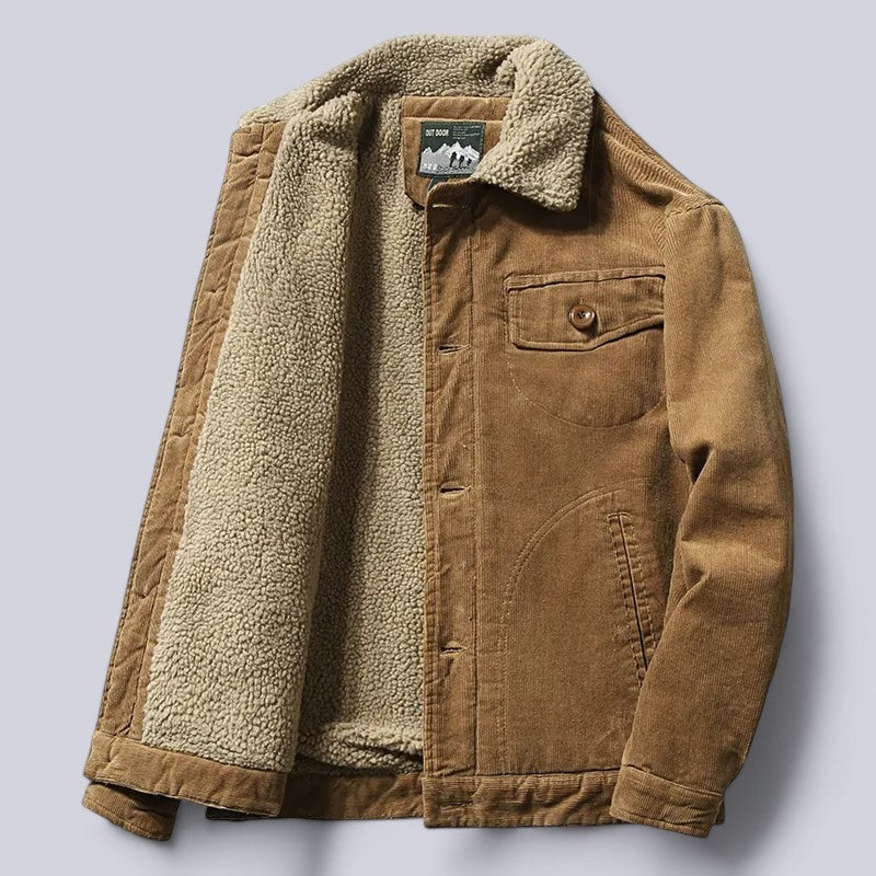Corduroy Jacket with Full Fleece Lining and Ribbed Seals, Three Pockets