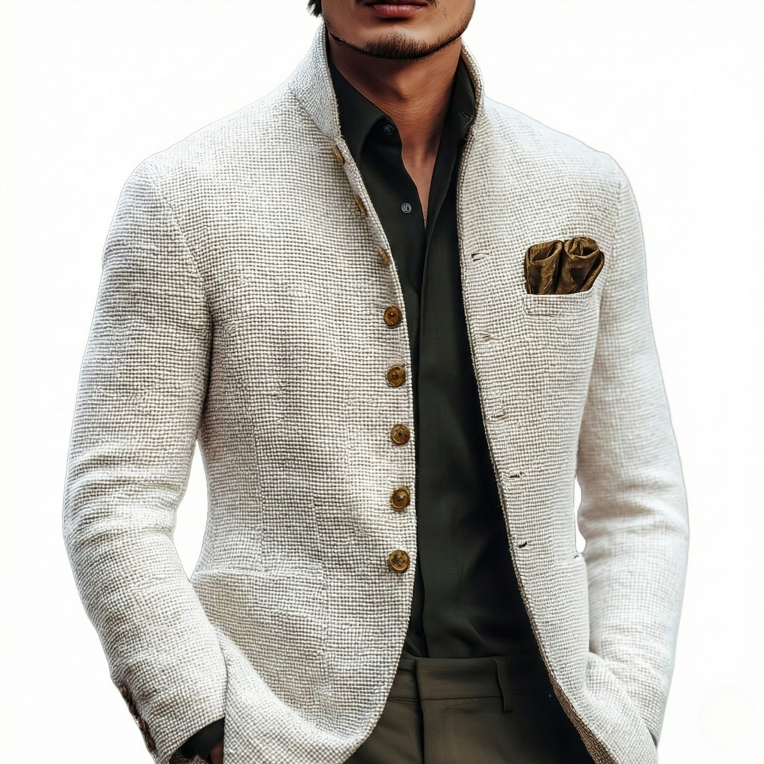 Stand Collar Cardigan with Textured Weave and Button Front Closure