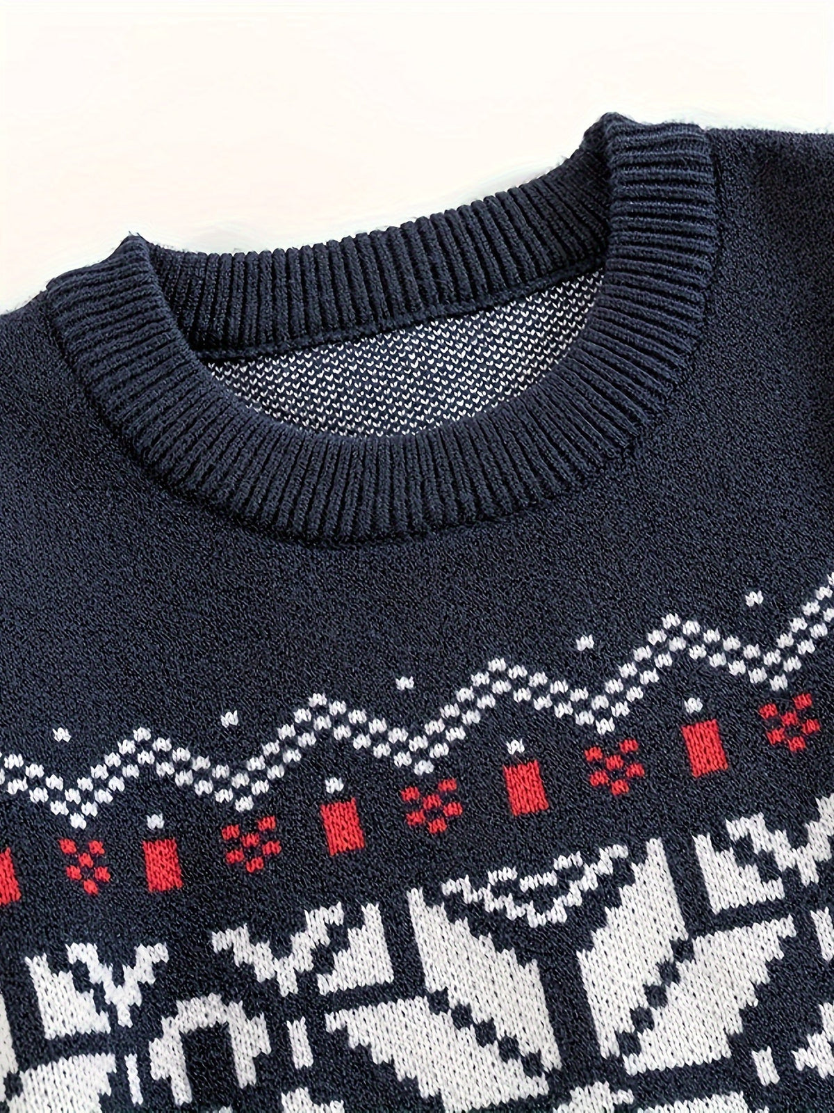 Round Neck Sweater with Snowflake Pattern and Ribbed Cuffs, Machine Washable
